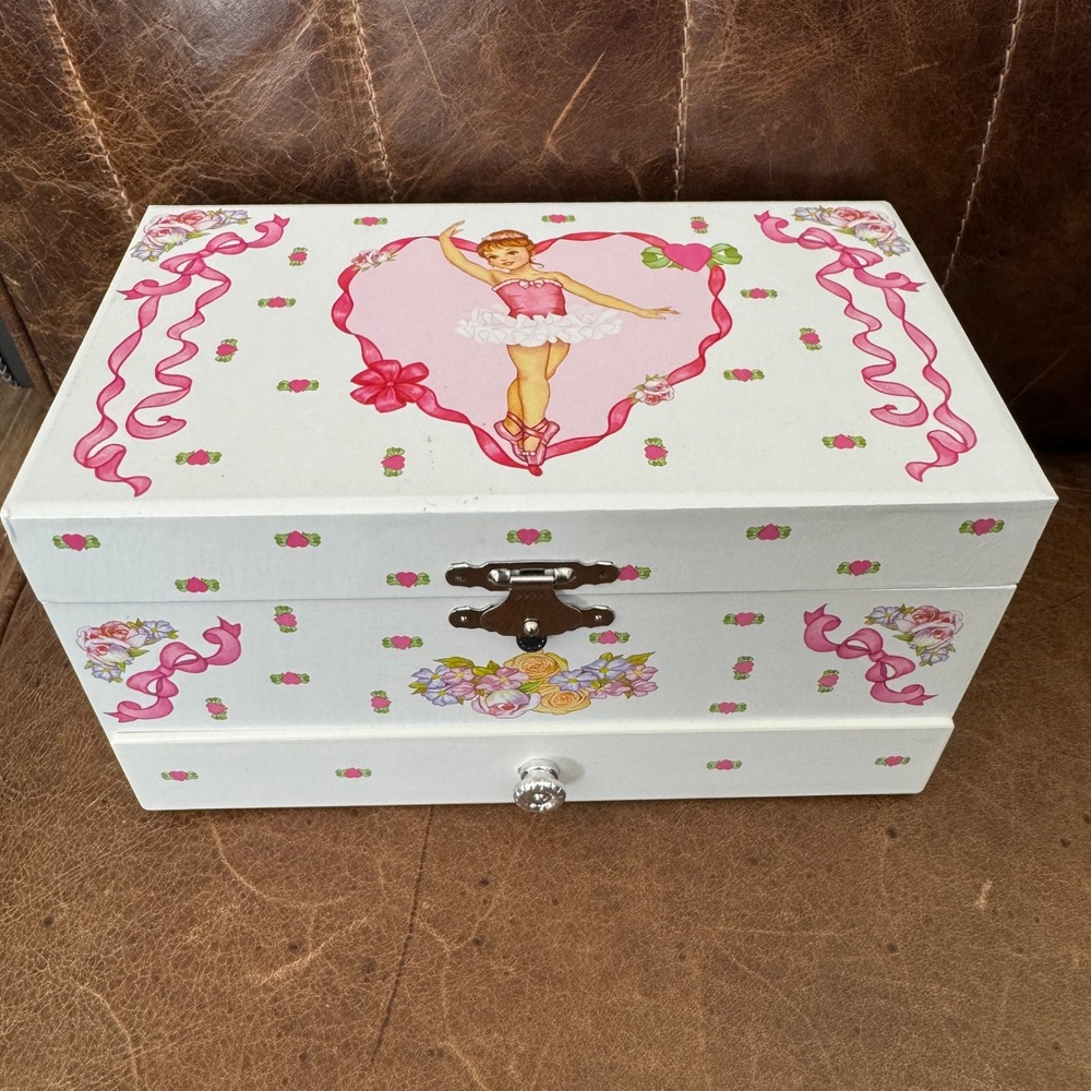 Ballerina Musical Jewelry Box White Pink Floral Vintage Style with Drawer Mirror